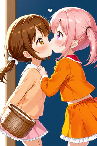 2_girls. loli hypnotized, happy_face, pink_hair, brown hair, side_view, twin_tails, yellow_eyes, basket, orange shirt, orange skirt, kissing