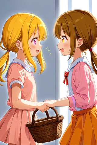 2_girls. loli hypnotized, happy_face, yellow_hair, brown hair, side_view, twin_tails, yellow_eyes, basket, pink shirt, orange skirt, 