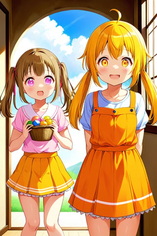 2_girls. loli hypnotized, happy_face, yellow_hair, brown hair, front_view, twin_tails, yellow_eyes, basket, pink shirt, orange skirt, 