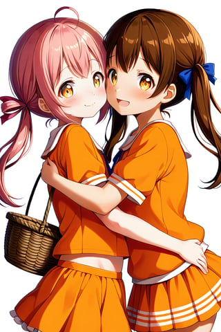 2_girls. loli hypnotized, happy_face, pink_hair, brown hair, side_view, twin_tails, yellow_eyes, basket, orange shirt, orange skirt, hugging