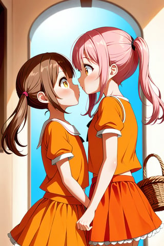 2_girls. loli hypnotized, happy_face, pink_hair, brown hair, side_view, twin_tails, yellow_eyes, basket, orange shirt, orange skirt, kissing