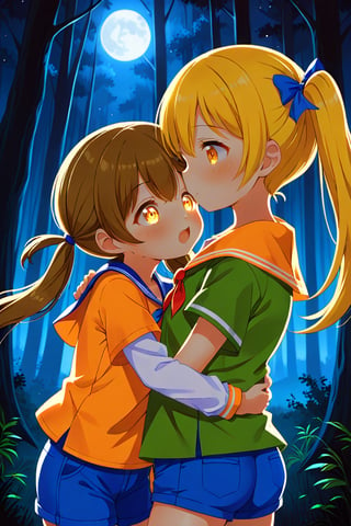 2_girls. loli hypnotized, happy_face, yellow_hair, brown hair, side_view, twin_tails, yellow_eyes, night forest, scout, orange shirt, blue short pants, hugging, kissing