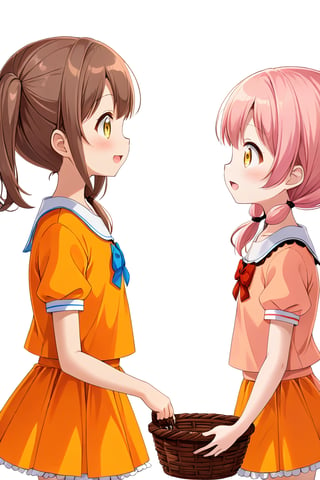 2_girls. loli hypnotized, happy_face, pink_hair, brown hair, side_view, twin_tails, yellow_eyes, basket, orange shirt, orange skirt, 