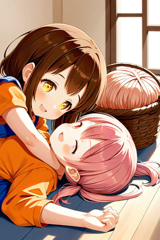 2_girls. loli hypnotized, happy_face, pink_hair, brown hair, side_view, twin_tails, yellow_eyes, basket, orange shirt, orange skirt, lying, hugging