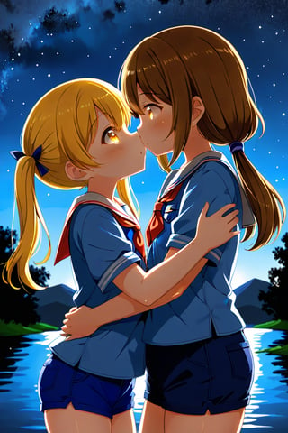 2_girls. loli hypnotized, happy_face, yellow_hair, brown hair, side_view, twin_tails, yellow_eyes, night lake, scout, blue shirt, blue short pants, hugging, kissing