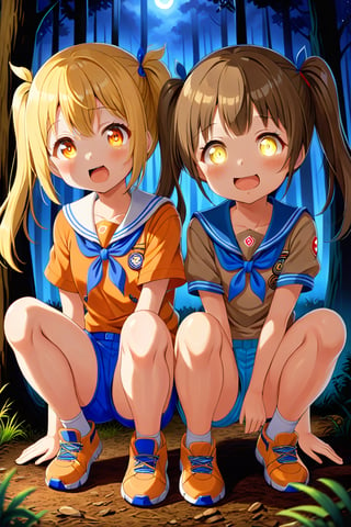 2_girls. loli hypnotized, happy_face, yellow_hair, brown hair, front_view, twin_tails, yellow_eyes, night forest, scout, orange shirt, blue short pants, squating, sticking_out_tongue