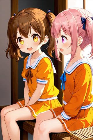 2_girls. loli hypnotized, happy_face, pink_hair, brown hair, side_view, twin_tails, yellow_eyes, basket, orange shirt, orange skirt, sitting