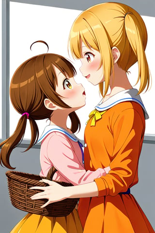 2_girls. loli hypnotized, happy_face, yellow_hair, brown hair, side_view, twin_tails, yellow_eyes, basket, pink shirt, orange skirt, kissing, hugging