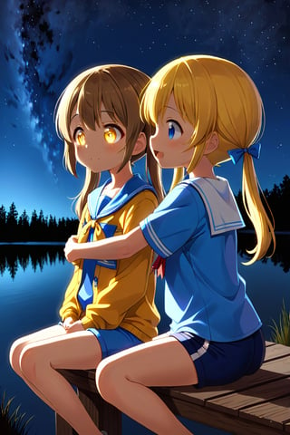 2_girls. loli hypnotized, happy_face, yellow_hair, brown hair, side_view, twin_tails, yellow_eyes, night lake, scout, blue shirt, blue short pants, sitting, hugging