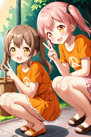 2_girls. loli hypnotized, happy_face, pink_hair, brown hair, side_view, twin_tails, yellow_eyes, basket, orange shirt, orange skirt, squatting, peace fingers