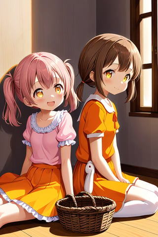 2_girls. loli hypnotized, happy_face, pink_hair, brown hair, side_view, twin_tails, yellow_eyes, basket, orange shirt, orange skirt, sitting, hugging