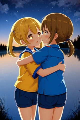 2_girls. loli hypnotized, happy_face, yellow_hair, brown hair, side_view, twin_tails, yellow_eyes, night lake, scout, blue shirt, blue short pants, hugging, kissing