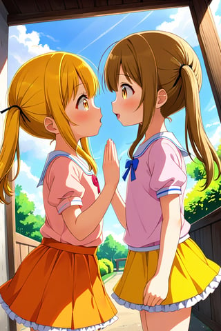 2_girls. loli hypnotized, happy_face, yellow_hair, brown hair, side_view, twin_tails, yellow_eyes, basket, pink shirt, orange skirt, kissing