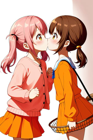 2_girls. loli hypnotized, happy_face, pink_hair, brown hair, side_view, twin_tails, yellow_eyes, basket, orange shirt, orange skirt, kissing