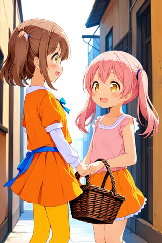 2_girls. loli hypnotized, happy_face, pink_hair, brown hair, side_view, twin_tails, yellow_eyes, basket, orange shirt, orange skirt, 