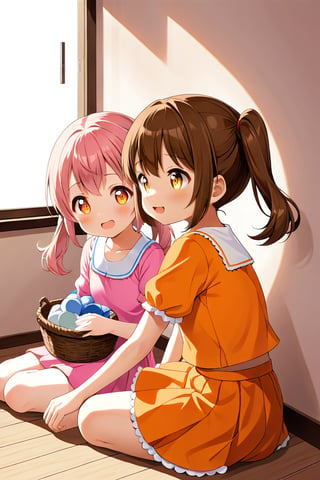 2_girls. loli hypnotized, happy_face, pink_hair, brown hair, side_view, twin_tails, yellow_eyes, basket, orange shirt, orange skirt, sitting, hugging