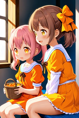 2_girls. loli hypnotized, happy_face, pink_hair, brown hair, side_view, twin_tails, yellow_eyes, basket, orange shirt, orange skirt, sitting, hugging