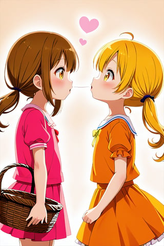 2_girls. loli hypnotized, happy_face, yellow_hair, brown hair, side_view, twin_tails, yellow_eyes, basket, pink shirt, orange skirt, kissing