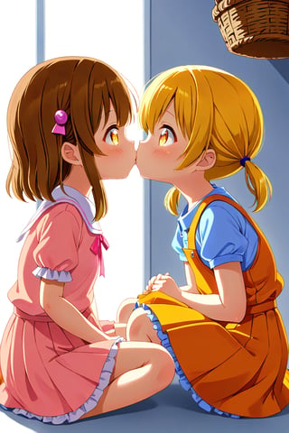 2_girls. loli hypnotized, happy_face, yellow_hair, brown hair, side_view, twin_tails, yellow_eyes, basket, pink shirt, orange skirt, sitting, kissing