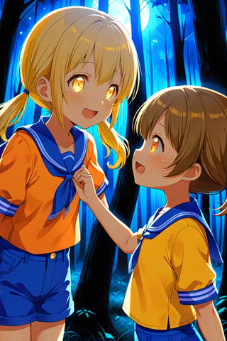 2_girls. loli hypnotized, happy_face, yellow_hair, brown hair, side_view, twin_tails, yellow_eyes, night forest, scout, orange shirt, blue short pants, 