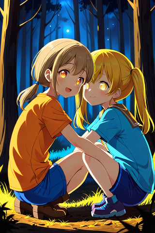 2_girls. loli hypnotized, happy_face, yellow_hair, brown hair, side_view, twin_tails, yellow_eyes, night forest, scout, orange shirt, blue short pants, crouched, hugging