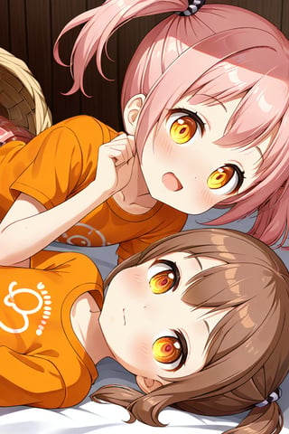 2_girls. loli hypnotized, happy_face, pink_hair, brown hair, side_view, twin_tails, yellow_eyes, basket, orange shirt, orange skirt, lying, kissing