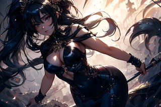 A stunning fusion of human and anime features, a beautiful girl poses seductively in a sleek, high-fashion outfit, showcasing curves accentuated by a tight dress that hugs her figure, as she confidently struts with a sultry gaze, long eyelashes batting playfully under a radiant anime-inspired face, against a dark and moody background.