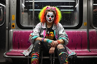 Black and white drawing, realistic, twenty-year-old girl, clown, curly hair, chains, (((splashes of neon colors))), neon colors, sitting on a subway rest seat.