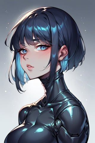 score_9, score_8_up, score_7_up, score_6_up, score_5_up, score_4_up, portrait, 1 woman, humanoid robot, 21 years old, korean, bob cut, beautiful face, black metal build body, highly detailed, ceramic plating:2.0, futuristic, aesthetic, light rays, volumetric fog, grey background, highly detailed