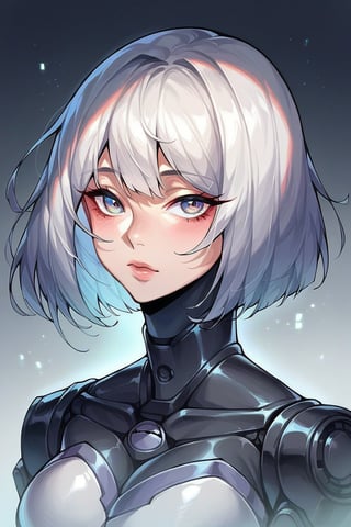 score_9, score_8_up, score_7_up, score_6_up, score_5_up, score_4_up, portrait, 1 woman, humanoid robot, 21 years old, korean, bob cut, beautiful face, black metal build body, highly detailed, ceramic plating:2.0, futuristic, aesthetic, light rays, volumetric fog, grey background