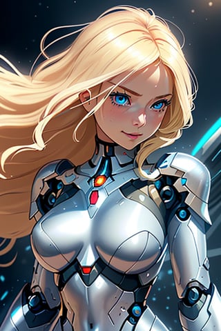 Close-up of a girl with bright blond hair and stylish robotic armor. Her adorable face is surrounded by metal armor that accentuates her striking features. The soft sun highlights the soft curves of her cheeks and the subtle smile on her lips. She has sharp blue eyes. , juxtaposed with the futuristic metal surrounding it. Her long, flowing hair cascades down her back like a fiery cascade, contrasting beautifully with the cold, robotic tones of the suit.