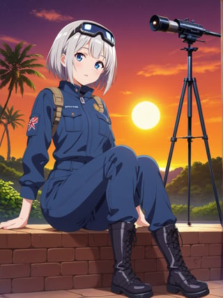 Short grey hair with a practical bob cut, Clear blue eyes that sparkle with curiosity, Healthy, sun-kissed skin from outdoor work. Athletic build, Wears a durable navy blue jumpsuit with multiple pockets, Steel-toed boots for safety, Often has a utility belt with various tools, Sometimes wears protective goggles on her head, A woman stargazing through a telescope on a rooftop garden at night