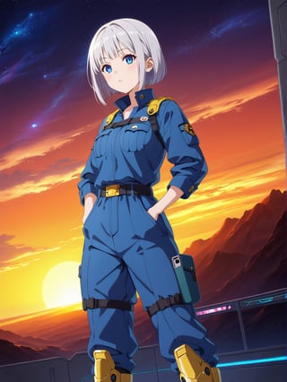  Short grey hair with a practical bob cut, Clear blue eyes that sparkle with curiosity, Healthy, sun-kissed skin from outdoor work. Athletic build, Wears a durable navy blue jumpsuit with multiple pockets, Steel-toed boots for safety, Often has a utility belt with various tools, Sometimes wears protective goggles on her head, The area is filled with a futuristic, high-tech ambiance, featuring sleek monitors, control panels, and advanced security systems. Large windows display views of docked spacecraft and the vastness of space. The atmosphere is tense yet hopeful, with security personnel and officials ensuring the smooth operation of the process. The scene captures the anticipation and excitement of embarking on a journey to the New Eden Colony

one woman