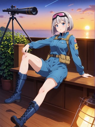 Short grey hair with a practical bob cut, Clear blue eyes that sparkle with curiosity, Healthy, sun-kissed skin from outdoor work. Athletic build, Wears a durable navy blue jumpsuit with multiple pockets, Steel-toed boots for safety, Often has a utility belt with various tools, Sometimes wears protective goggles on her head, A woman stargazing through a telescope on a rooftop garden at night