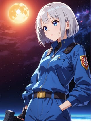  Short grey hair with a practical bob cut, Clear blue eyes that sparkle with curiosity, Healthy, sun-kissed skin from outdoor work. Athletic build, Wears a durable navy blue jumpsuit with multiple pockets, Steel-toed boots for safety, Often has a utility belt with various tools, Sometimes wears protective goggles on her head, The area is filled with a futuristic, high-tech ambiance, featuring sleek monitors, control panels, and advanced security systems. Large windows display views of docked spacecraft and the vastness of space. The atmosphere is tense yet hopeful, with security personnel and officials ensuring the smooth operation of the process. The scene captures the anticipation and excitement of embarking on a journey to the New Eden Colony

one woman