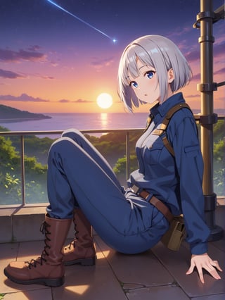 Short grey hair with a practical bob cut, Clear blue eyes that sparkle with curiosity, Healthy, sun-kissed skin from outdoor work. Athletic build, Wears a durable navy blue jumpsuit with multiple pockets, Steel-toed boots for safety, Often has a utility belt with various tools, Sometimes wears protective goggles on her head, A woman stargazing through a telescope on a rooftop garden at night