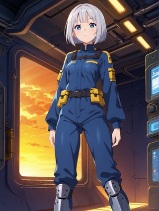  Short grey hair with a practical bob cut, Clear blue eyes that sparkle with curiosity, Healthy, sun-kissed skin from outdoor work. Athletic build, Wears a durable navy blue jumpsuit with multiple pockets, Steel-toed boots for safety, Often has a utility belt with various tools, Sometimes wears protective goggles on her head, The area is filled with a futuristic, high-tech ambiance, featuring sleek monitors, control panels, and advanced security systems. Large windows display views of docked spacecraft and the vastness of space. The atmosphere is tense yet hopeful, with security personnel and officials ensuring the smooth operation of the process. The scene captures the anticipation and excitement of embarking on a journey to the New Eden Colony

hold two ticket
one woman