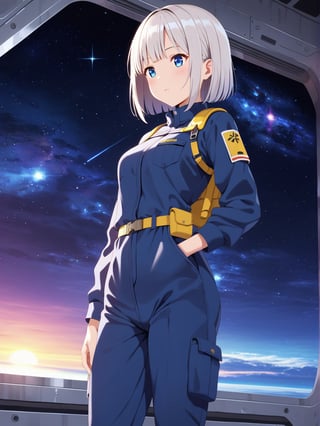 Short grey hair with a practical bob cut, Clear blue eyes that sparkle with curiosity, Healthy, sun-kissed skin from outdoor work. Athletic build, Wears a durable navy blue jumpsuit with multiple pockets, Steel-toed boots for safety, Often has a utility belt with various tools, Sometimes wears protective goggles on her head,A woman inside a space environment simulation chamber in a DCT center