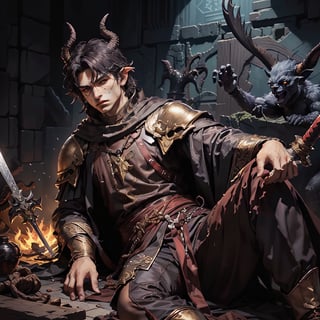 Fullbody DnD monk character splash art of a male tiefling. Chipped horns protruding to the front, scar on his right cheek, brown eyes with dark circles, soft face. Medium, lustrous dark hair, untied. His skin is light brown. He is wearing monk clothing. He is using a common short sword.