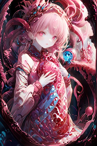 loli of alchemy holds a big bottle of pink potion. 
she has wide pink eyes.
big cute hat
pale skin
deatiled and vertical beautiful art
