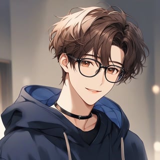 masterpiece, 20-year-old, hot guy, brown hair, black glasses, short hair, brown eyes, anime style, wearing dark blue hoodie, Sweet smile, Black choker 