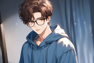 masterpiece, 20-year-old, hot guy, brown hair, black glasses, short hair, brown eyes, anime style, wearing blue hoodie, 