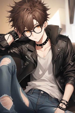 masterpiece, 20-year-old, hot guy, brown hair, black glasses, short hair, brown eyes, anime style, open black leather jacket, ripped jeans, spiky bracelets, piercings on eyes, spiky black choker