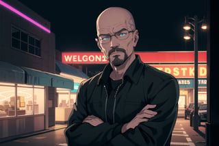 A dimly lit parking lot at night, the only sound being the distant hum of a city. Walter White, aka Heisenberg, stands confidently in front of his worn-out RV, arms crossed and eyes fixed on something only he can see. The neon lights from a nearby streetlamp cast an eerie glow on his weathered face, as if highlighting his unwavering determination. He isn't afraid.,holding gun