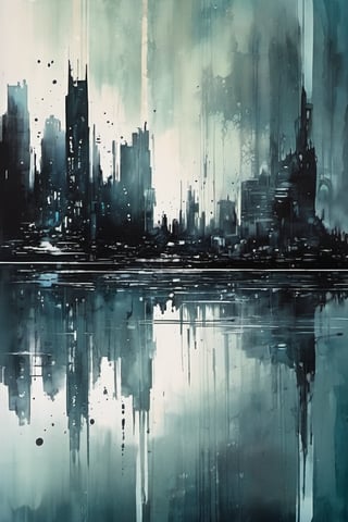 void, left blank, ultra fine painting, water ink splash, cyberpunk dark mega city side view, reflection, cold-tone, 