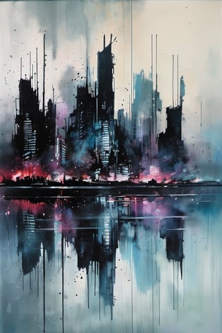 void, left blank, ultra fine painting, water ink splash, cyberpunk dark mega city side view, reflection, cold-tone, 