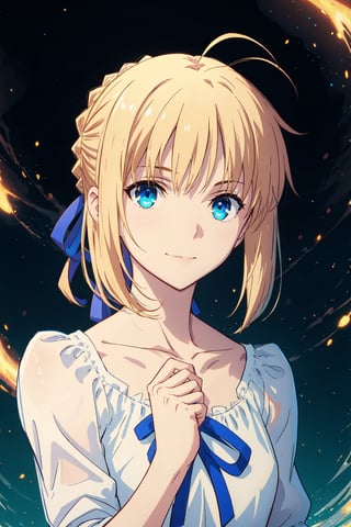 1girl, solo, looking at viewer, short hair, bangs, blue eyes, blonde hair, shirt, ribbon, closed mouth, collarbone, hair ribbon, white shirt, upper body, braid, ahoge, floating hair, blue ribbon, artoria pendragon \(fate\), saber,yuuki asuna,phSaber,Cosmic starry backgroundSmile, perfect for planing, good hands, beautiful.