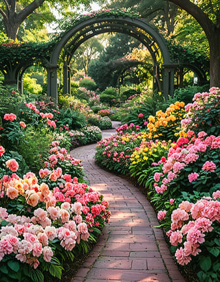 Serene morning sunlight casts warm rays upon a lush flower garden, framing vibrant blooms in velvety red, soft pink, and sunshine yellow hues against emerald green foliage. Delicate petals unfurl amidst artfully arranged leaves, capturing the gentle rustle of whispers carried on a subtle breeze within the tranquil atmosphere.