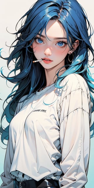 masterpiece, best quality, beautiful eyes, clear eyes, detailed eyes, Blue-eyes, 1girl, 20_old, full-body, break, smoking, break, high_color, blue-hair, beauty, black-boots,break, break, Flat vector art, Colorful art, white_shirt, simple_background, blue_background, Ink art,peeking out upper body,Eyes, 