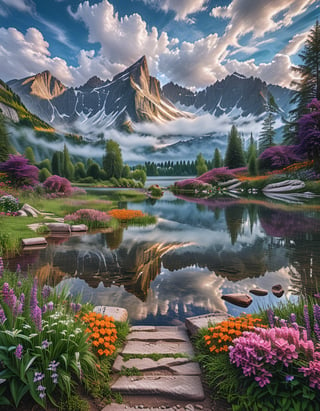 A beautiful fantasy landscape, with mountains and trees, and a majestic sky with white clouds, a lake can be seen that is still like a mirror reflecting the sky, the grass is green and dark purple like lavender, orange flowers that brings magic to the place, it was morning day cinematic 8k photography shot by Sony cameras, ultra realistic,more detail XL